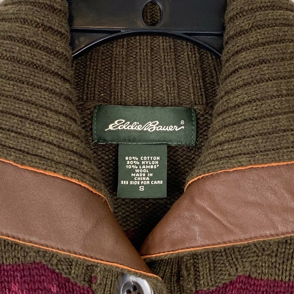 Eddie Bauer Olive Green, Burgundy & Rust Fair Isle Cardigan Sweater - Picture 5 of 10